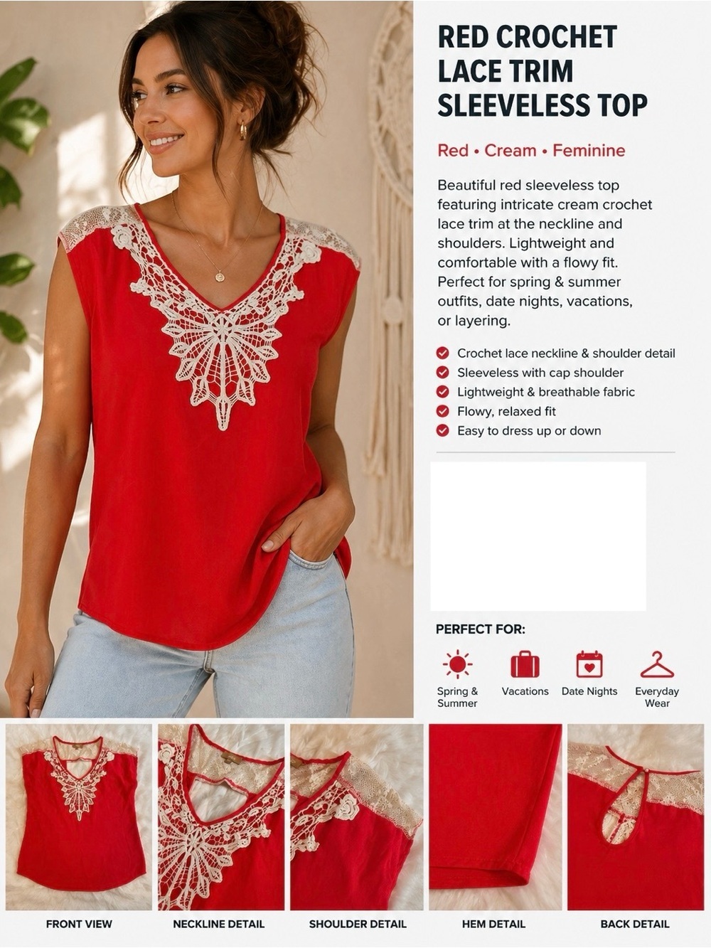 Takara Red Top with Cream Lace Trim